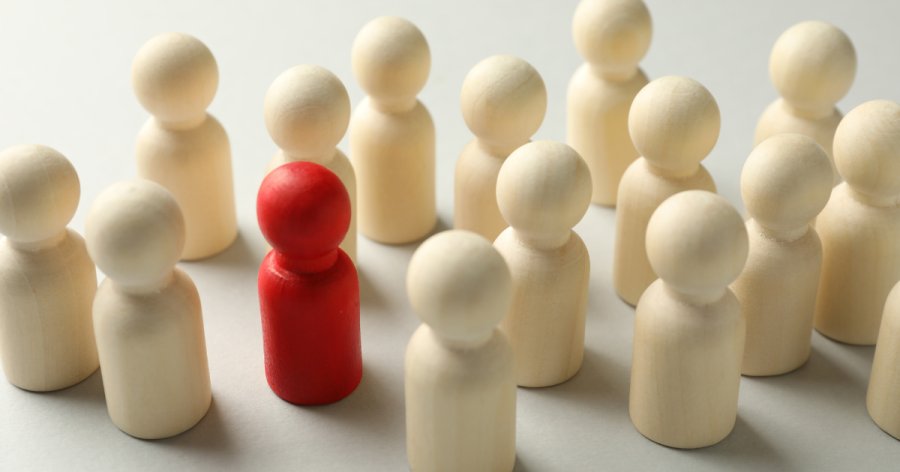 Image of wooden people all in cream with one in red to depict that being on a framework means you are one of many